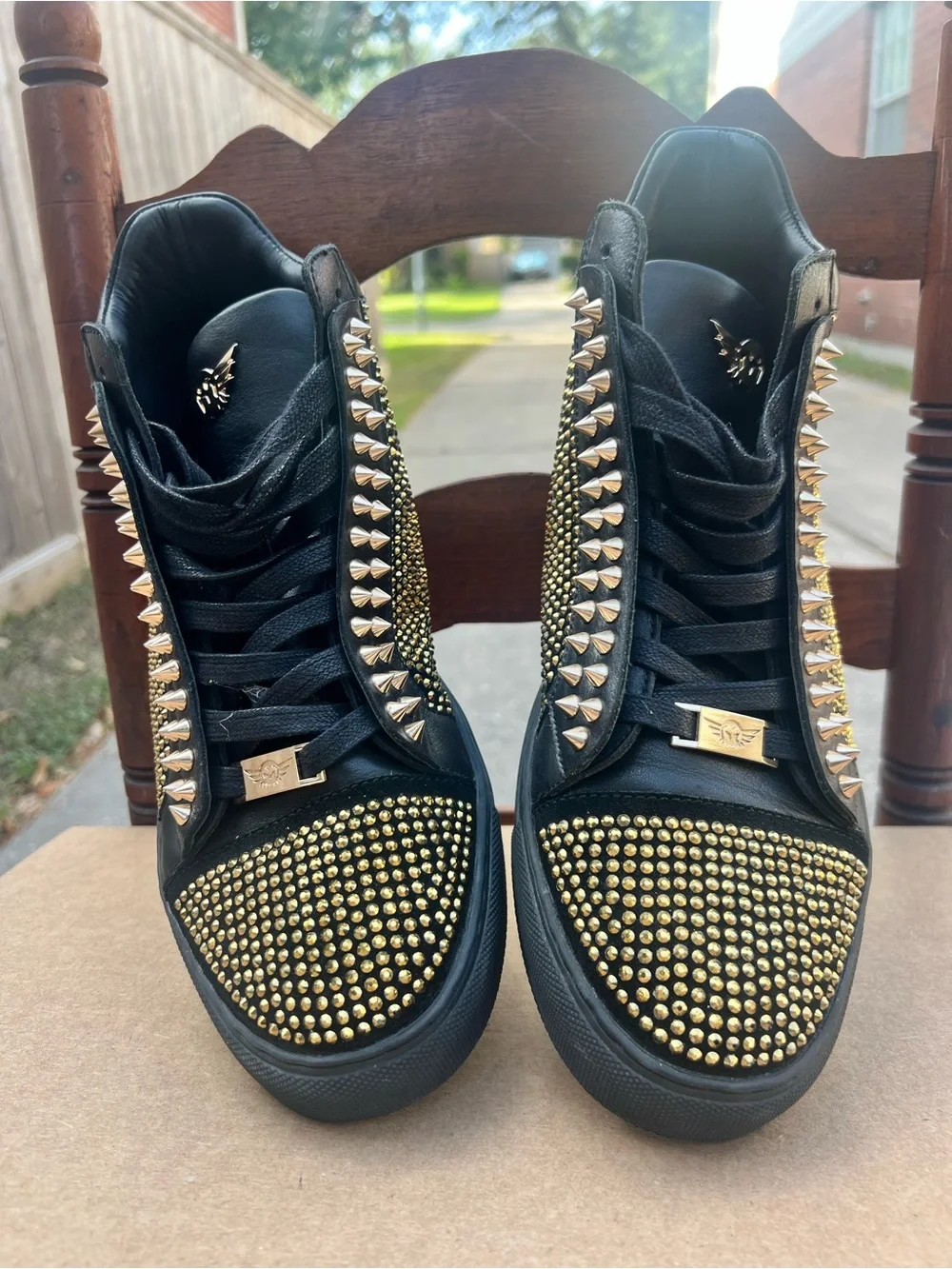 Ferrari Massari Men’s Mid-Top Spiked Sneaker Black Gold Leather
